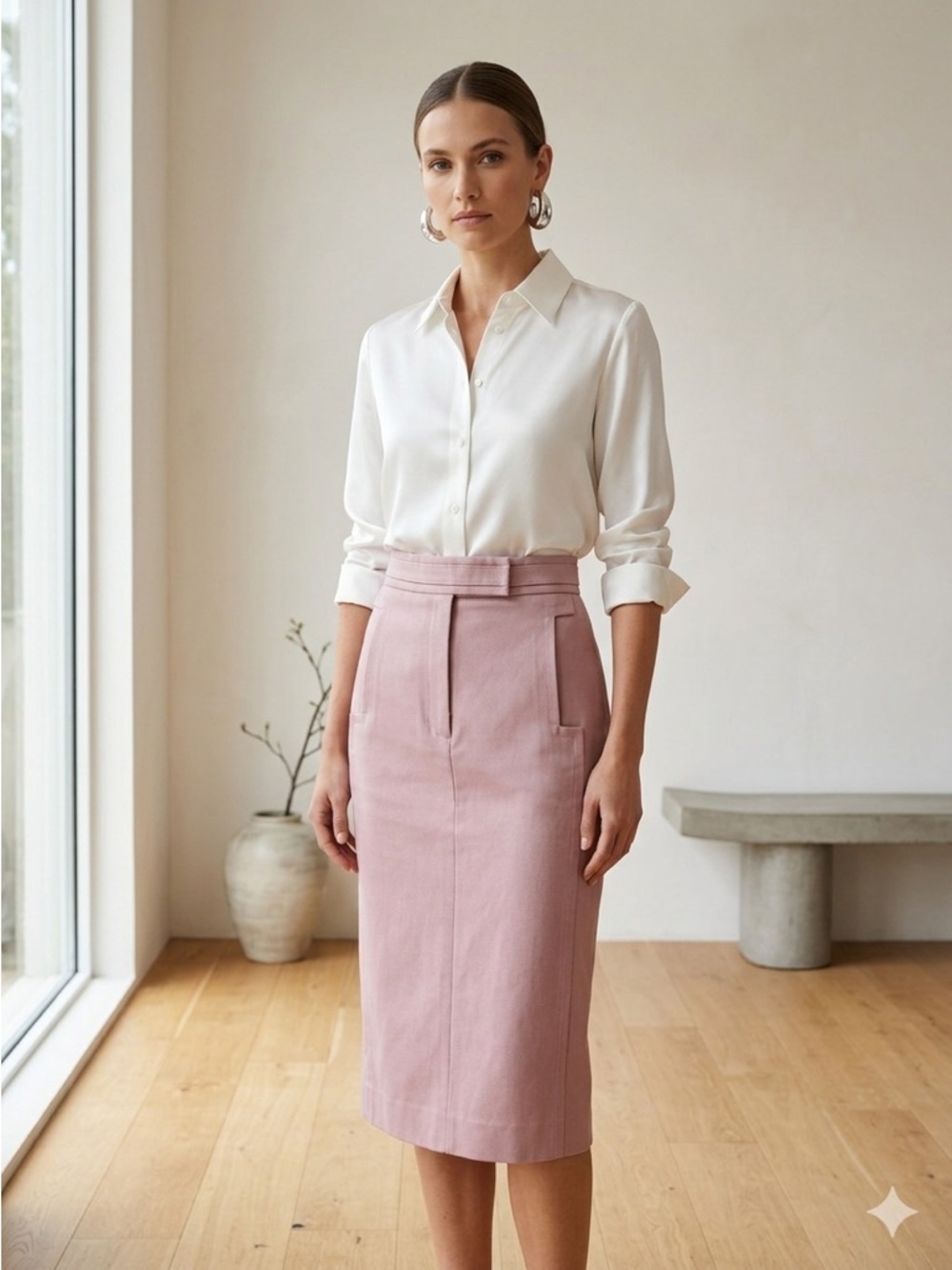 Vintage Yves Saint Laurent 80s Mauve Twill Midi Pencil Skirt - Small